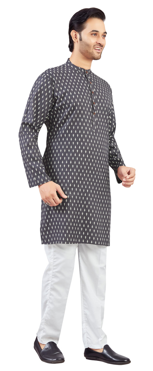Men's Dark Grey Coloured Cotton Printed Knee Length Relax Fit Kurta (Design 213)