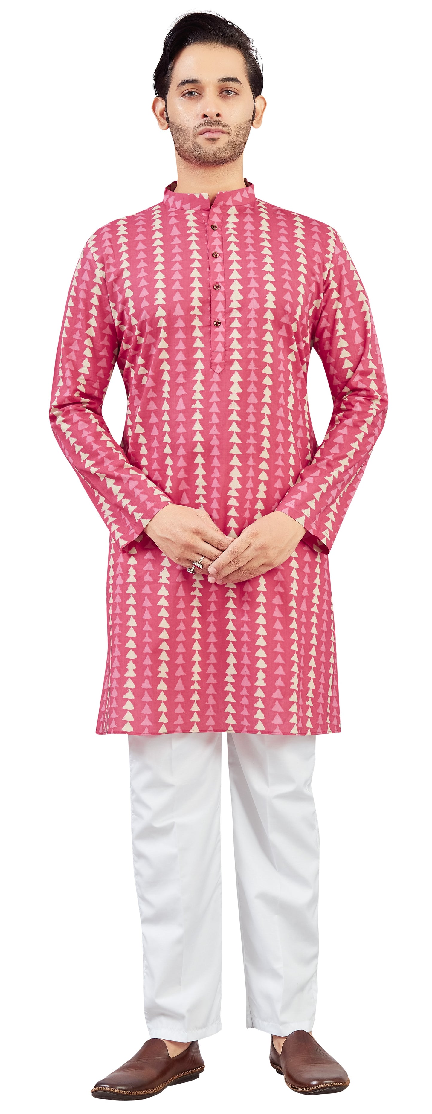 Men's Sober Pink Cotton Dhabu Block Printed Relaxed Fit Knee Length Kurta (Design 215)