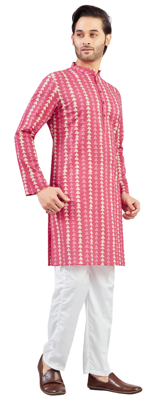 Men's Sober Pink Cotton Dhabu Block Printed Relaxed Fit Knee Length Kurta (Design 215)