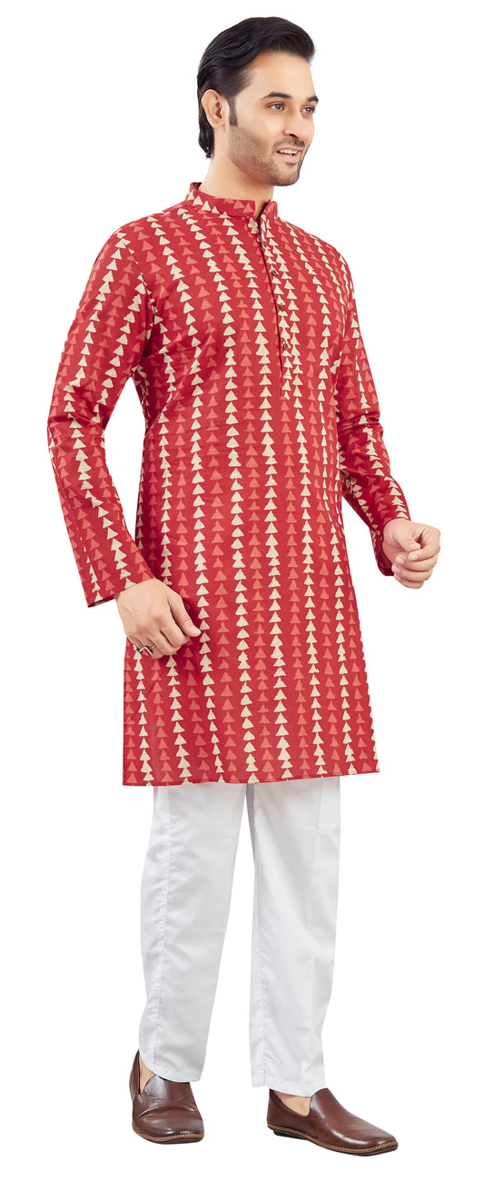 Men's Brick Red Cotton Dhabu Block Printed Relaxed Fit Knee Length Kurta (Design 216)