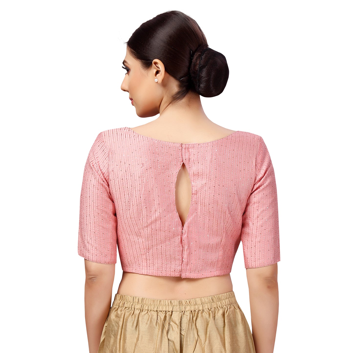 Women's Polyester Elbow Length Sleeves Chanderi Cotton Silk Sequin Embroidered Saree Blouse (2440 - Onion Pink)