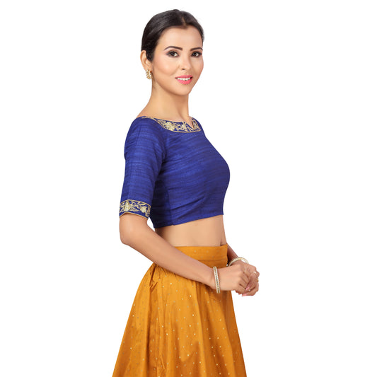 Women's Polyester Elbow Length Sleeves Wedding Saree Blouse with Golden Embroidery (2278 - Royal Blue)