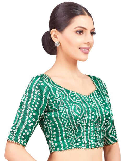 Women's Polyester Elbow Length Sleeves Bandhani Print Silky Saree Blouse (2631 - Green)