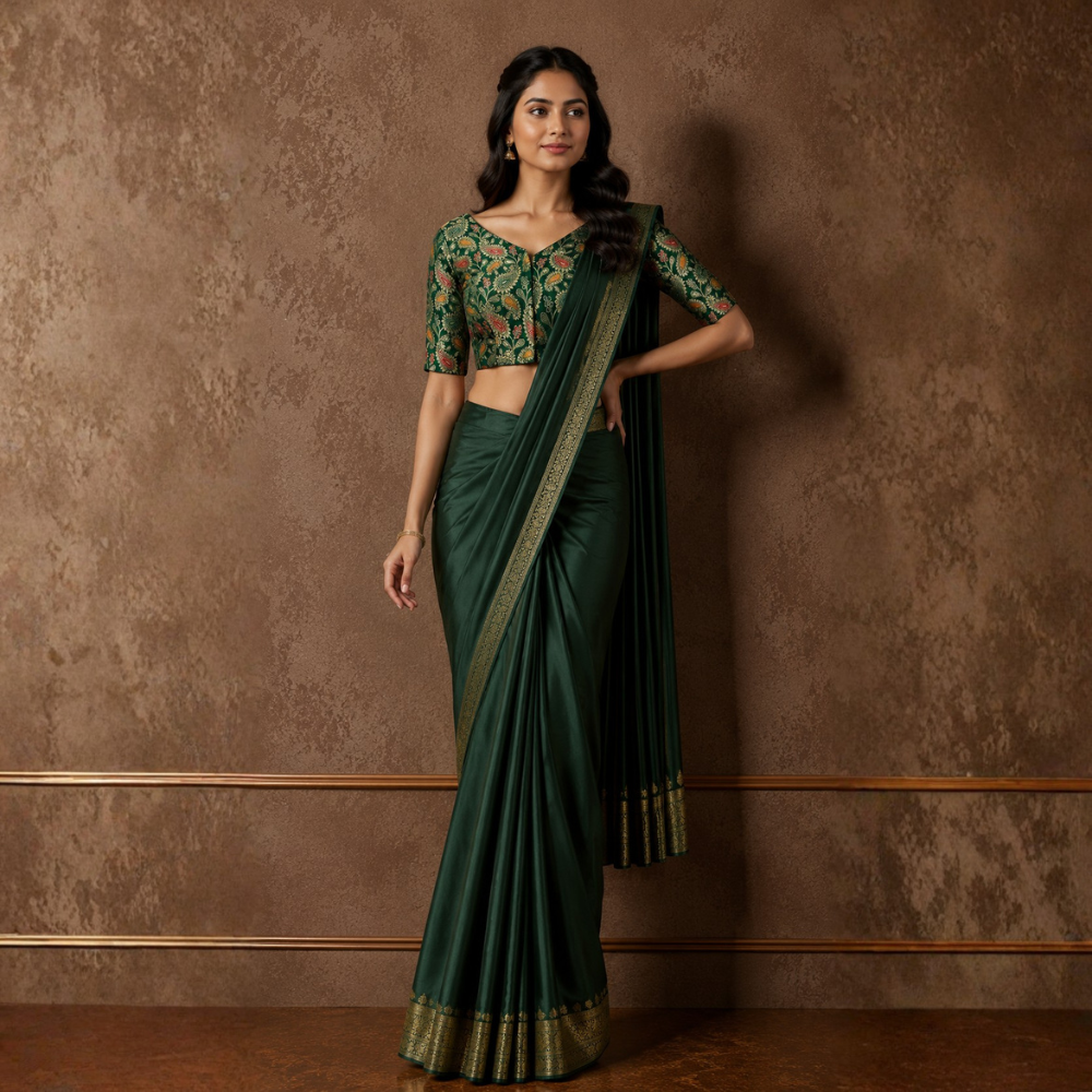 Studio Shringaar Women's Green Paisley  Brocade Readymade Saree Blouse (Design 3028)