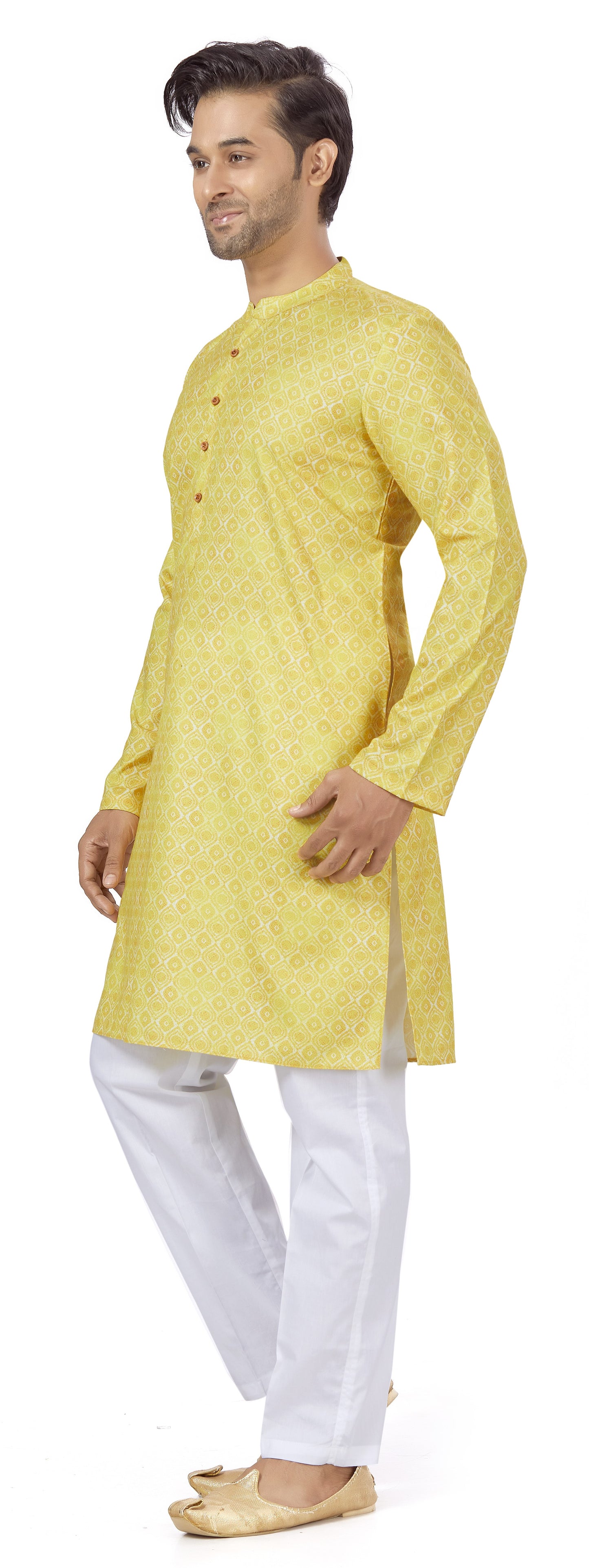 Men's Yellow Cotton Blended Relaxed Fit Printed Knee Length Kurta (Design 103)
