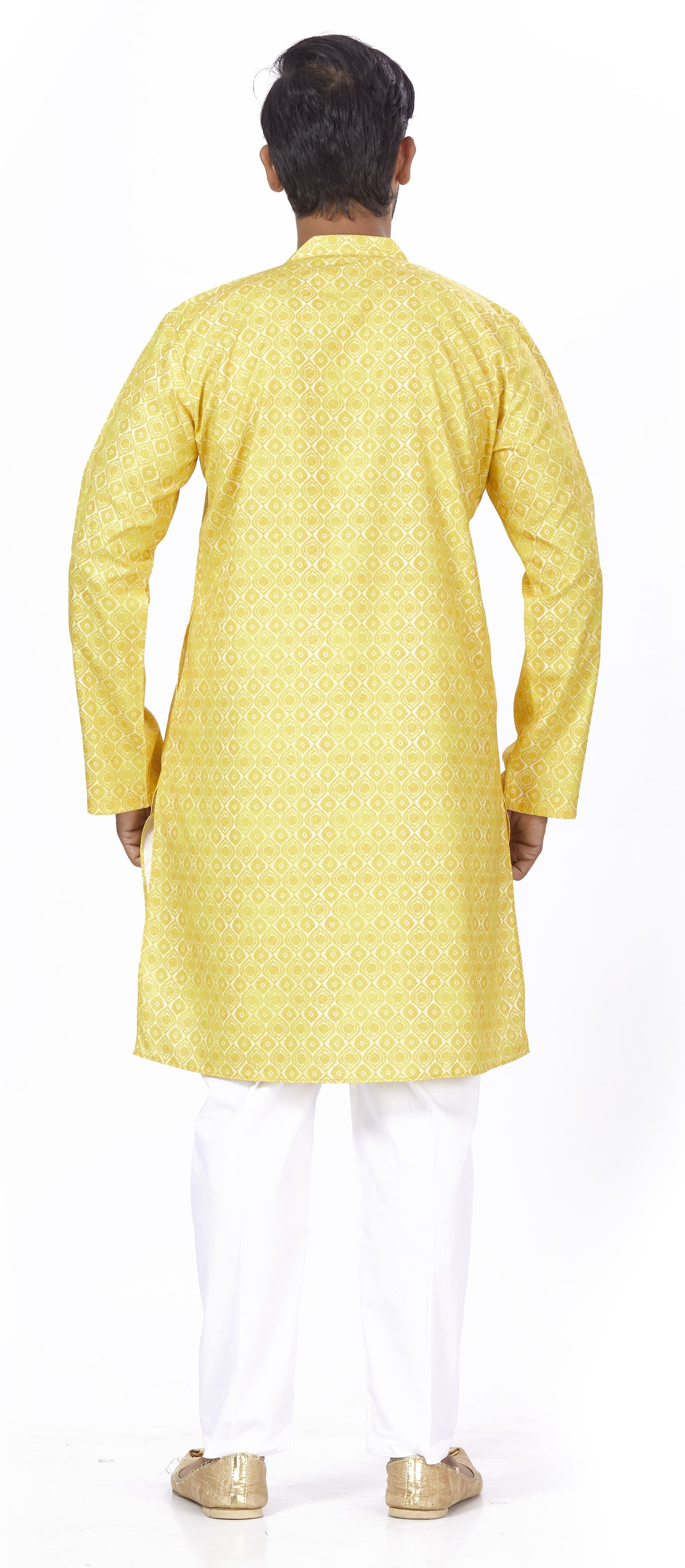 Men's Yellow Cotton Blended Relaxed Fit Printed Knee Length Kurta (Design 103)