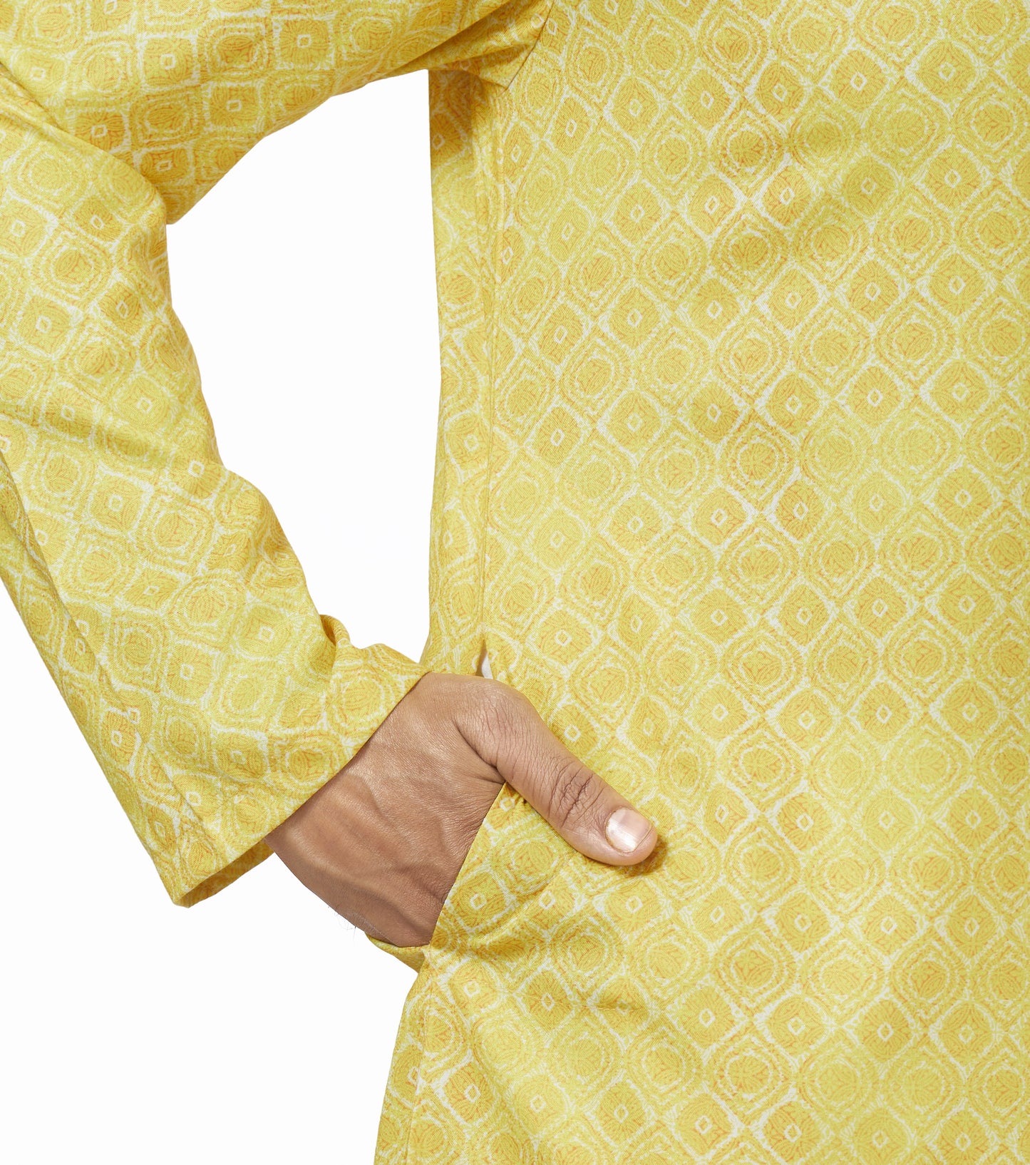 Men's Yellow Cotton Blended Relaxed Fit Printed Knee Length Kurta (Design 103)