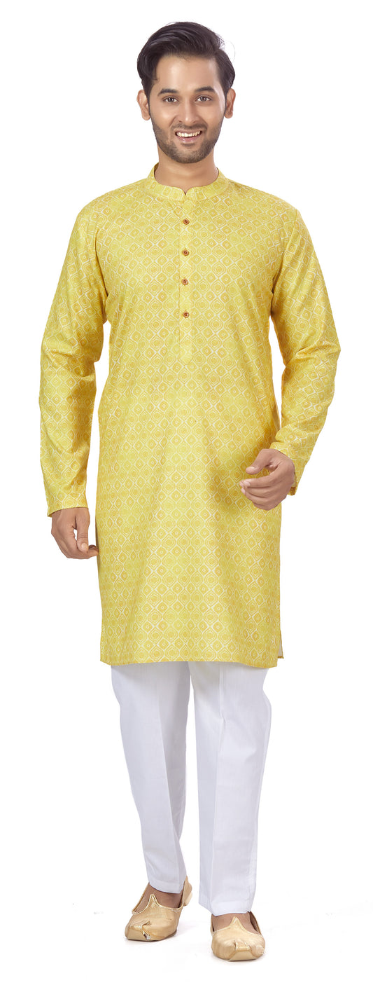 Men's Yellow Cotton Blended Relaxed Fit Printed Knee Length Kurta (Design 103)