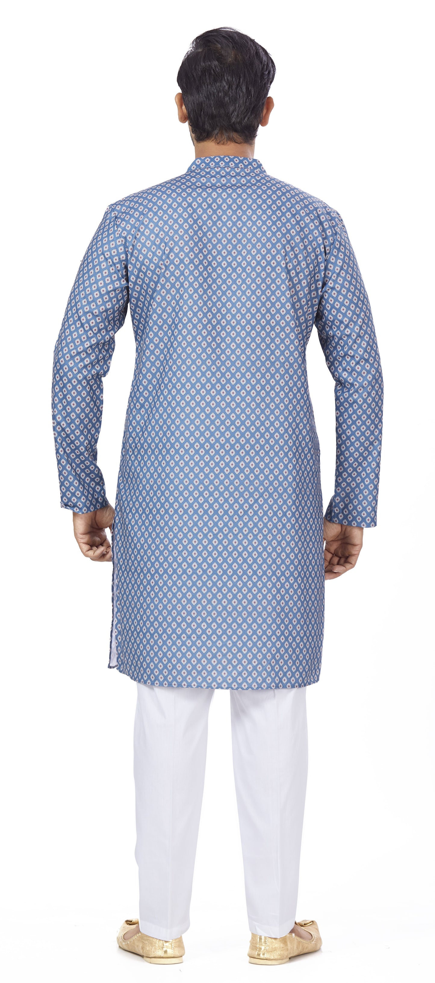 Men's Blue Linen Cotton Blended Relaxed Fit Knee Length Kurta (Design 105)