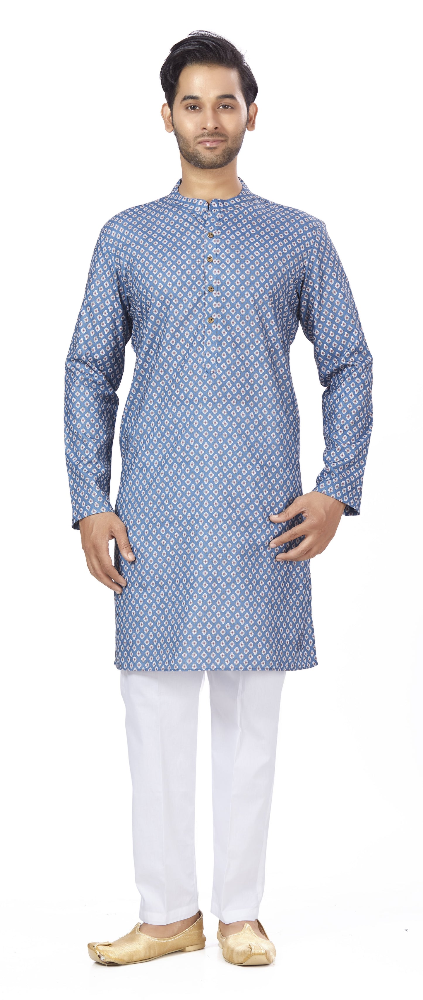 Men's Blue Linen Cotton Blended Relaxed Fit Knee Length Kurta (Design 105)