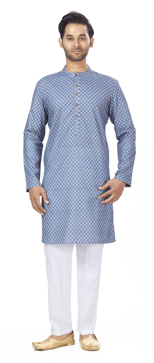 Men's Blue Linen Cotton Blended Relaxed Fit Knee Length Kurta (Design 105)