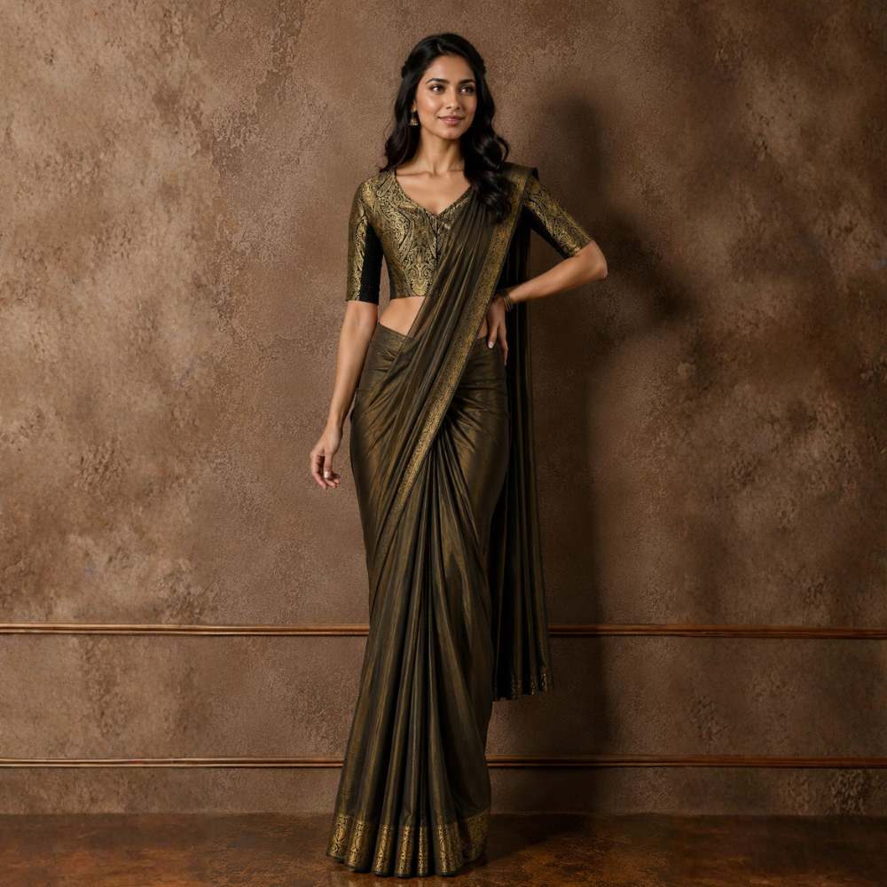 Studio Shringaar Women's Black Brocade Side Stretch ( Smocked ) Readymade Saree Blouse (Design 3026)