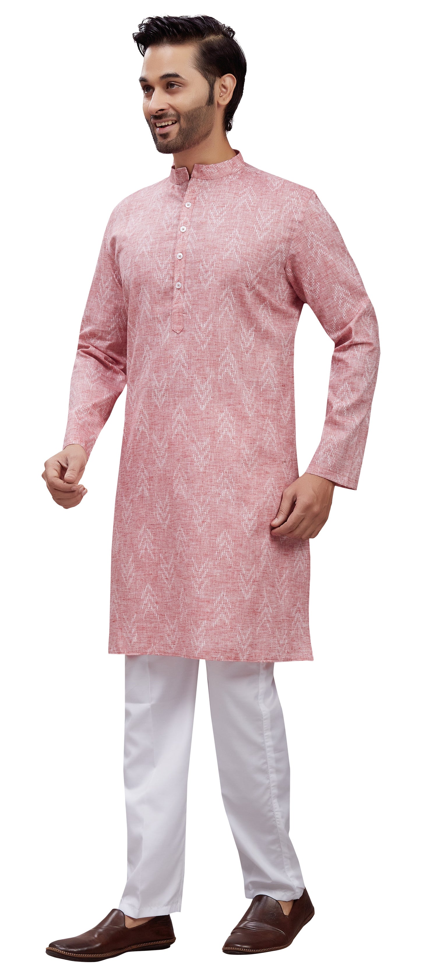 Men's Light Pink Cotton Blend Relaxed Fit Ikat Printed Knee Length Kurta (Design 119)