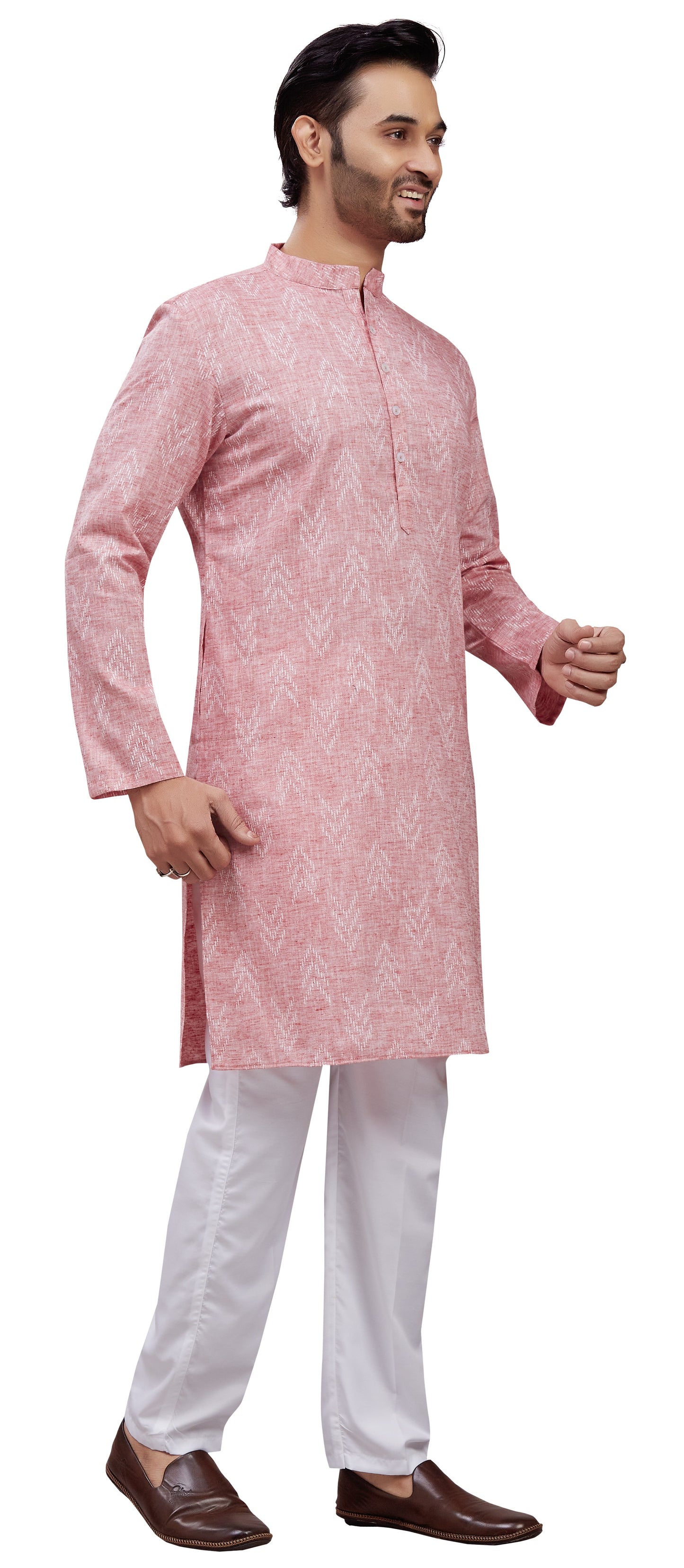Men's Light Pink Cotton Blend Relaxed Fit Ikat Printed Knee Length Kurta (Design 119)