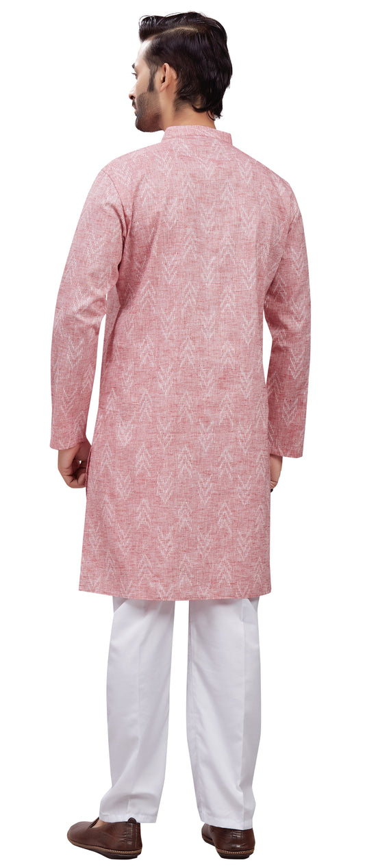 Men's Light Pink Cotton Blend Relaxed Fit Ikat Printed Knee Length Kurta (Design 119)