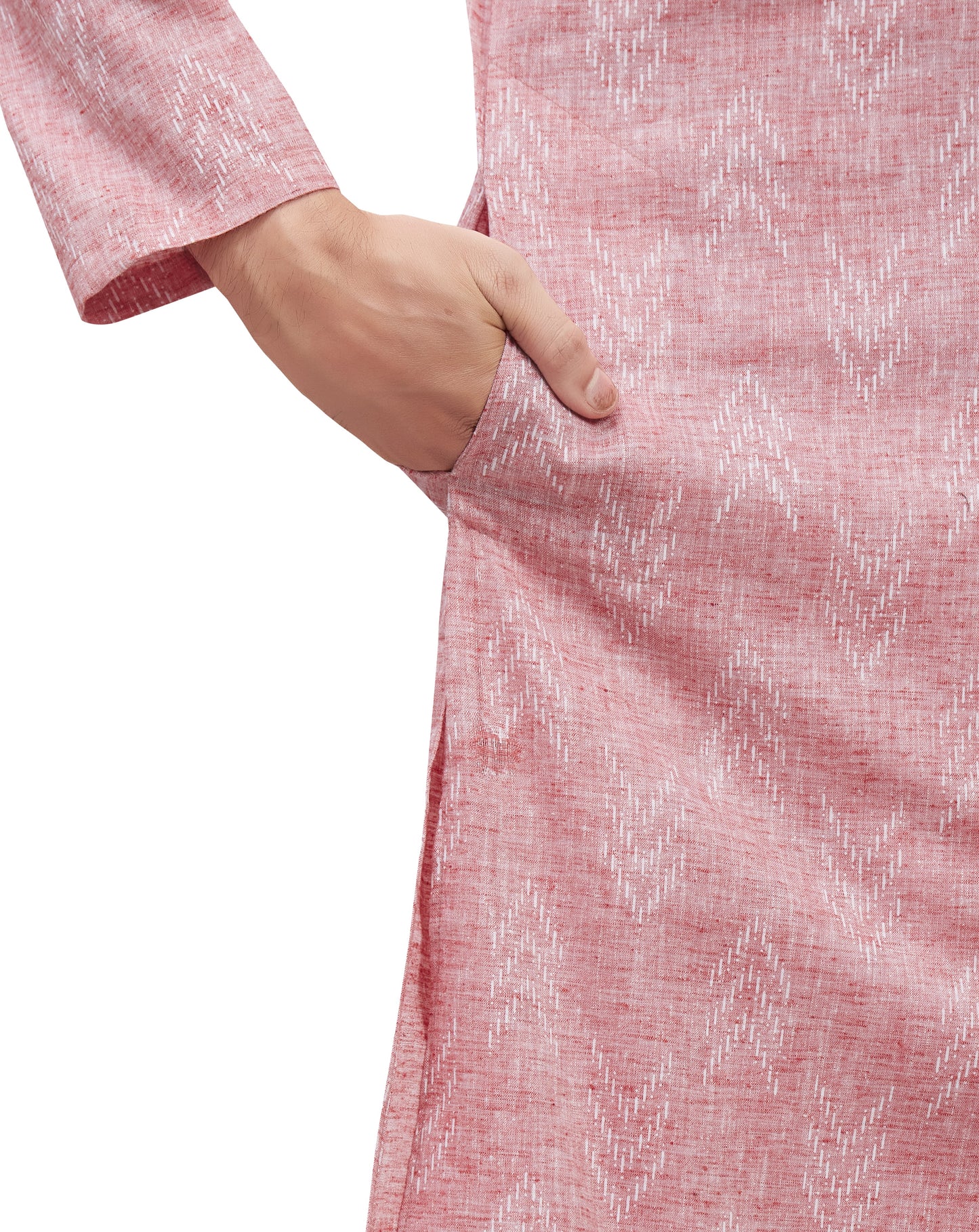 Men's Light Pink Cotton Blend Relaxed Fit Ikat Printed Knee Length Kurta (Design 119)