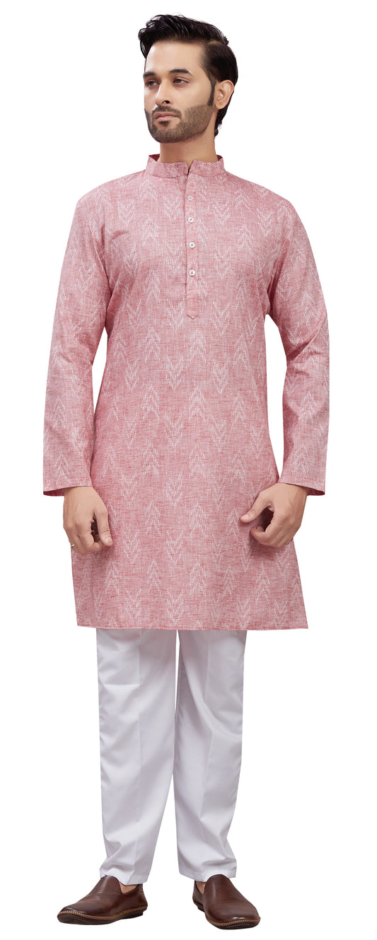Men's Light Pink Cotton Blend Relaxed Fit Ikat Printed Knee Length Kurta (Design 119)