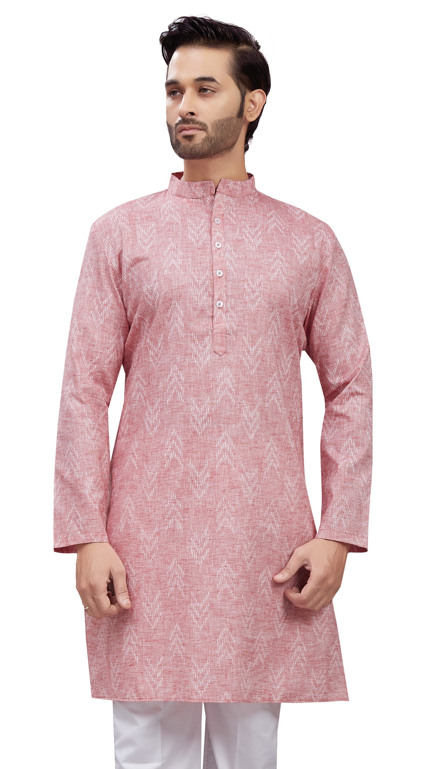 Men's Light Pink Cotton Blend Relaxed Fit Ikat Printed Knee Length Kurta (Design 119)