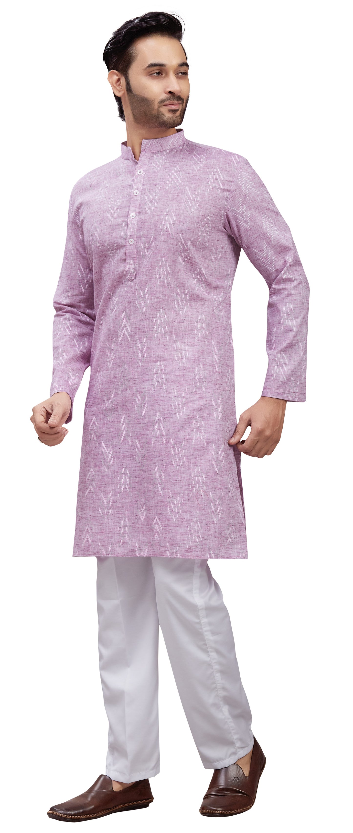 Men's Onion Cotton Blend Relaxed Fit Ikat Printed Knee Length Kurta (Design 119)