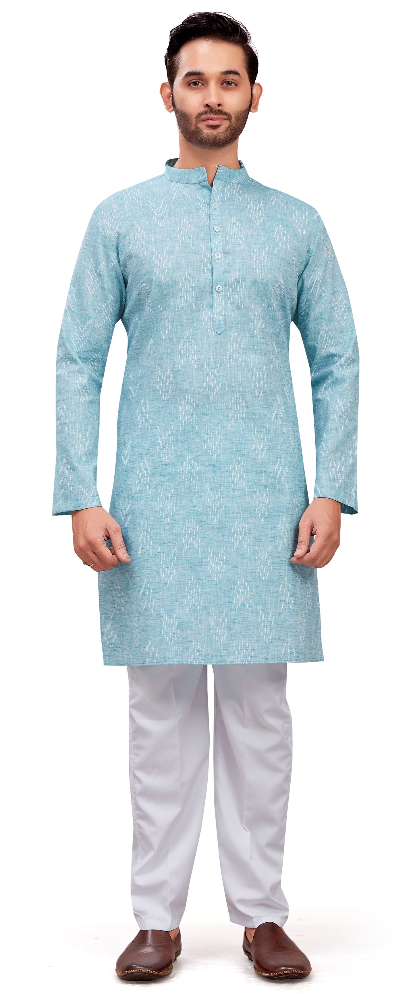Men's Sky Blue Cotton Blend Relaxed Fit Ikat Printed Knee Length Kurta (Design 119)