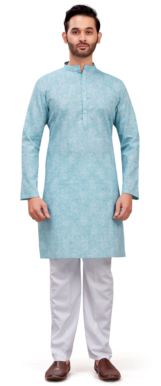 Men's Sky Blue Cotton Blend Relaxed Fit Ikat Printed Knee Length Kurta (Design 119)