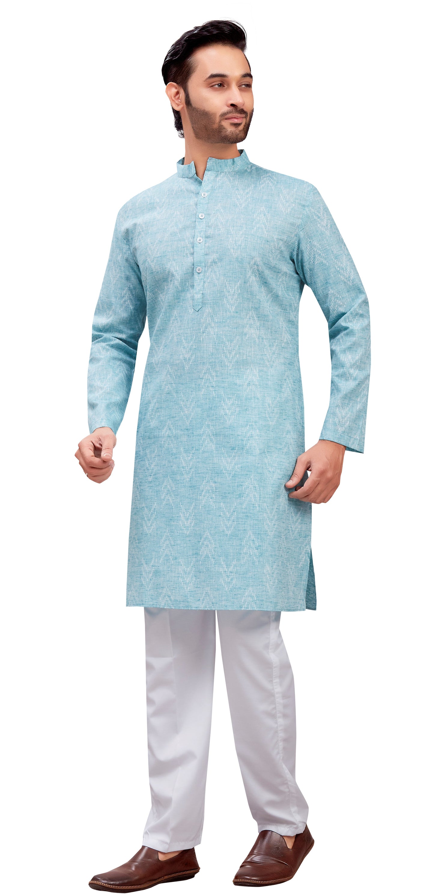 Men's Sky Blue Cotton Blend Relaxed Fit Ikat Printed Knee Length Kurta (Design 119)