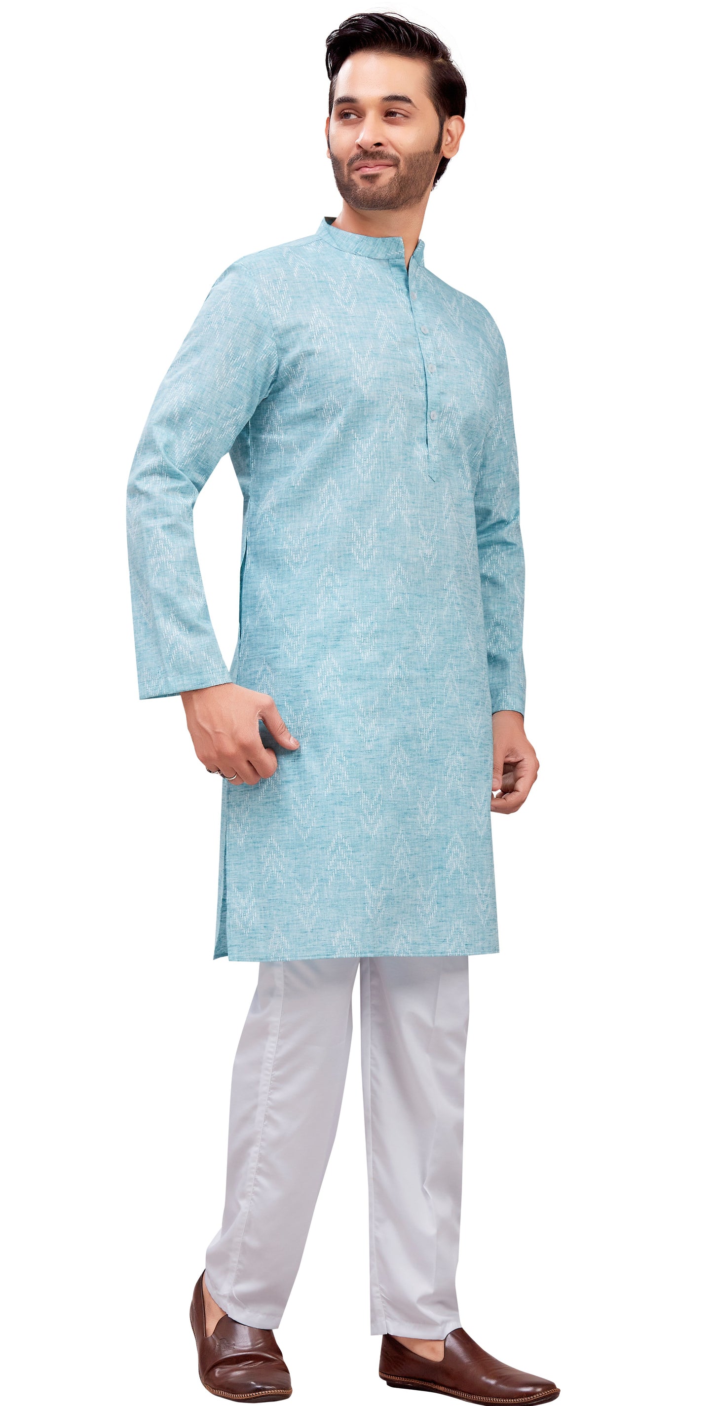 Men's Sky Blue Cotton Blend Relaxed Fit Ikat Printed Knee Length Kurta (Design 119)