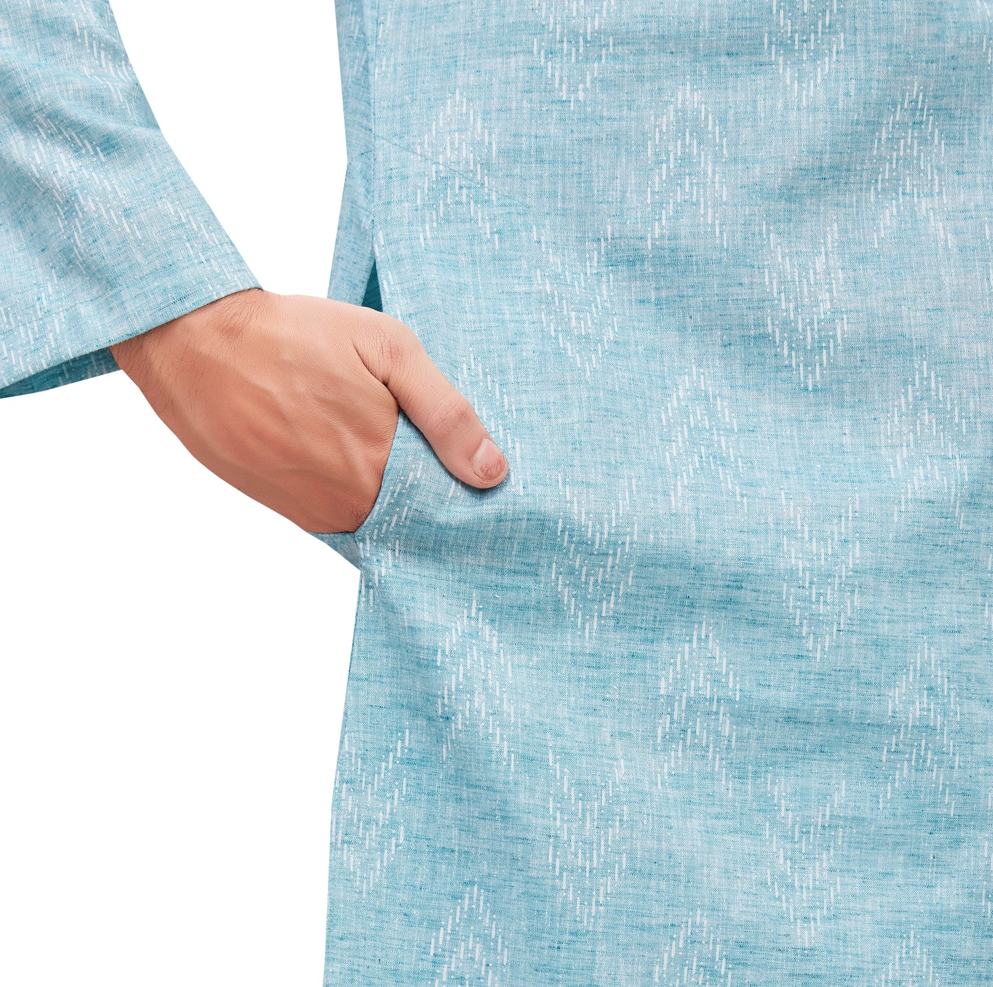 Men's Sky Blue Cotton Blend Relaxed Fit Ikat Printed Knee Length Kurta (Design 119)