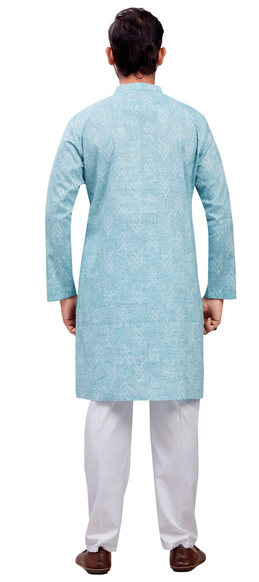 Men's Sky Blue Cotton Blend Relaxed Fit Ikat Printed Knee Length Kurta (Design 119)