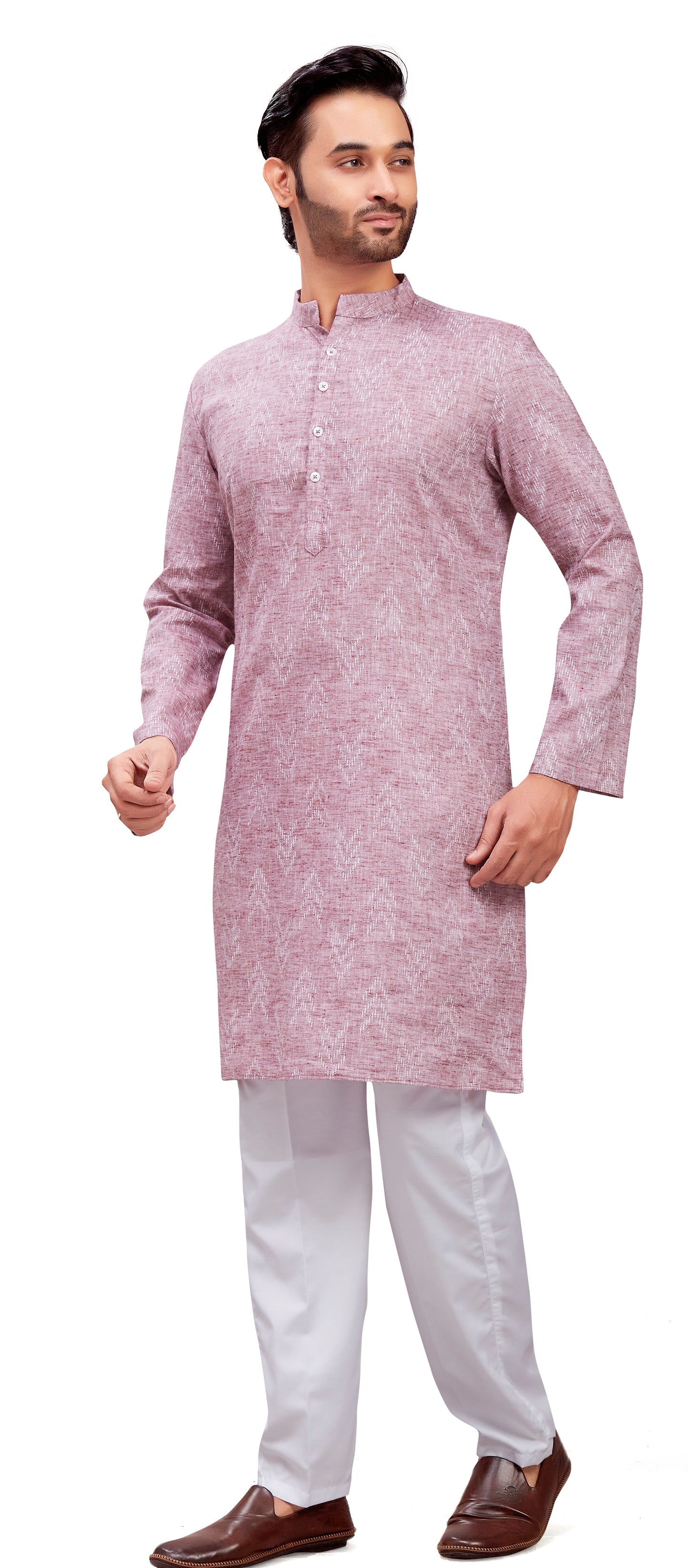 Men's Wine Cotton Blend Relaxed Fit Ikat Printed Knee Length Kurta (Design 119)