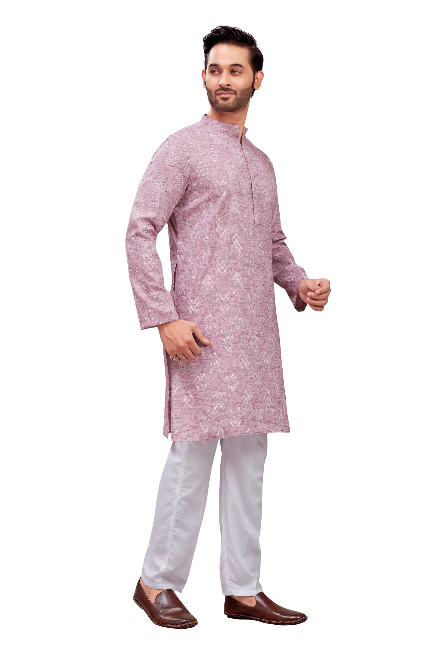 Men's Wine Cotton Blend Relaxed Fit Ikat Printed Knee Length Kurta (Design 119)