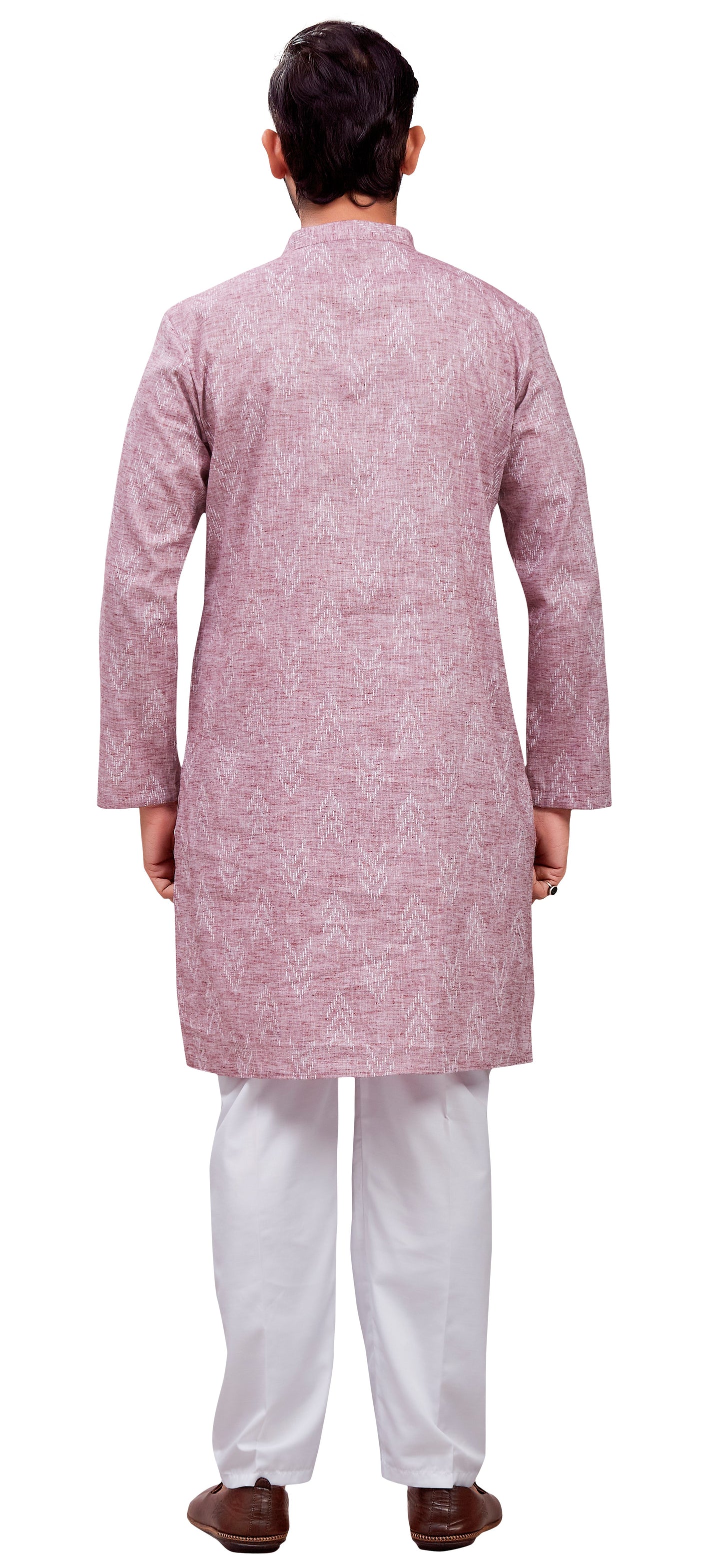 Men's Wine Cotton Blend Relaxed Fit Ikat Printed Knee Length Kurta (Design 119)