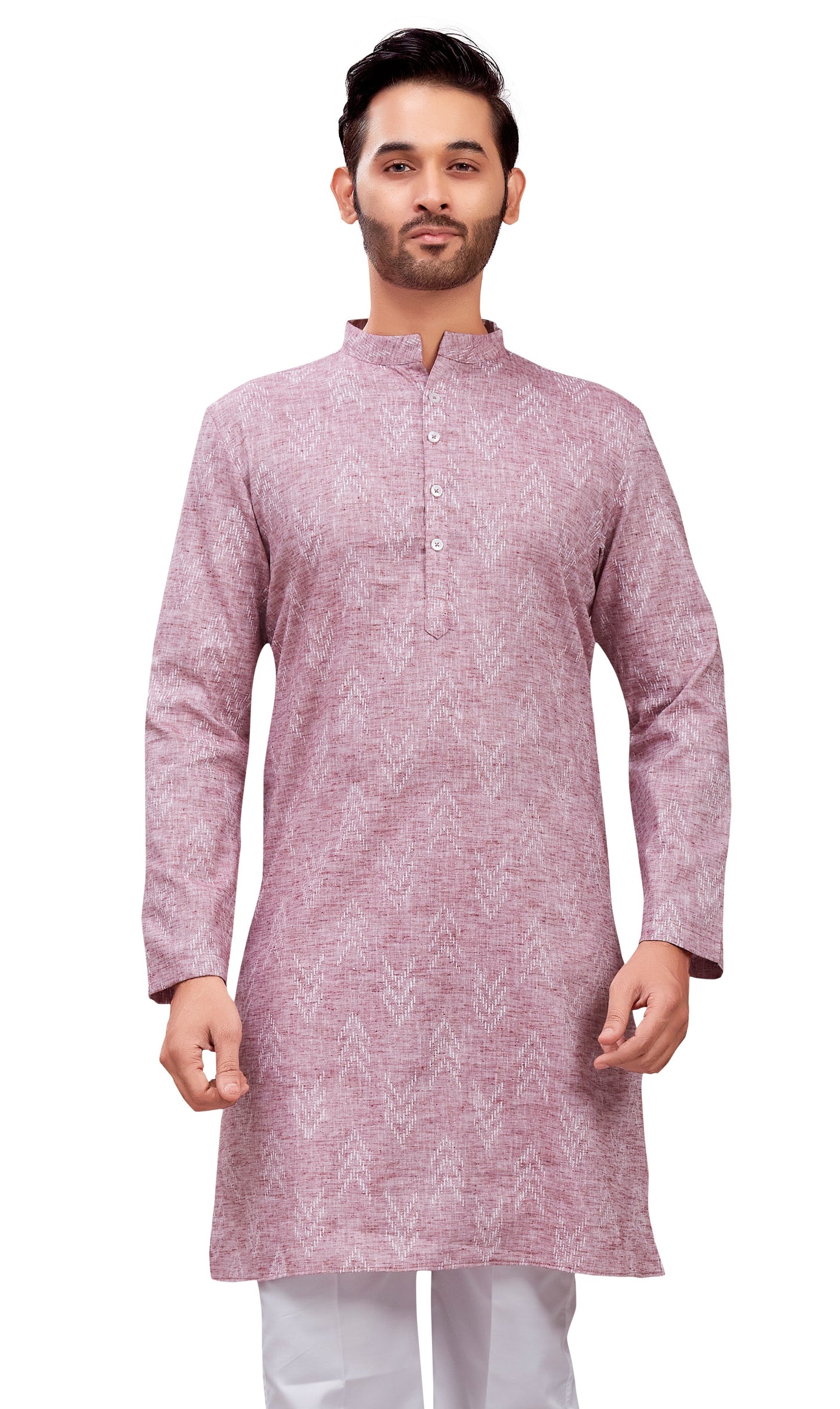 Men's Wine Cotton Blend Relaxed Fit Ikat Printed Knee Length Kurta (Design 119)