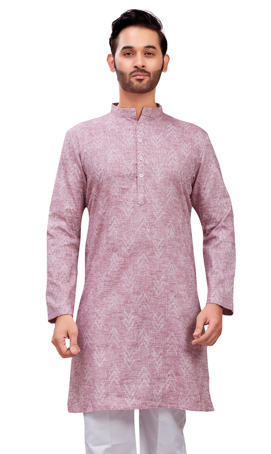 Men's Wine Cotton Blend Relaxed Fit Ikat Printed Knee Length Kurta (Design 119)