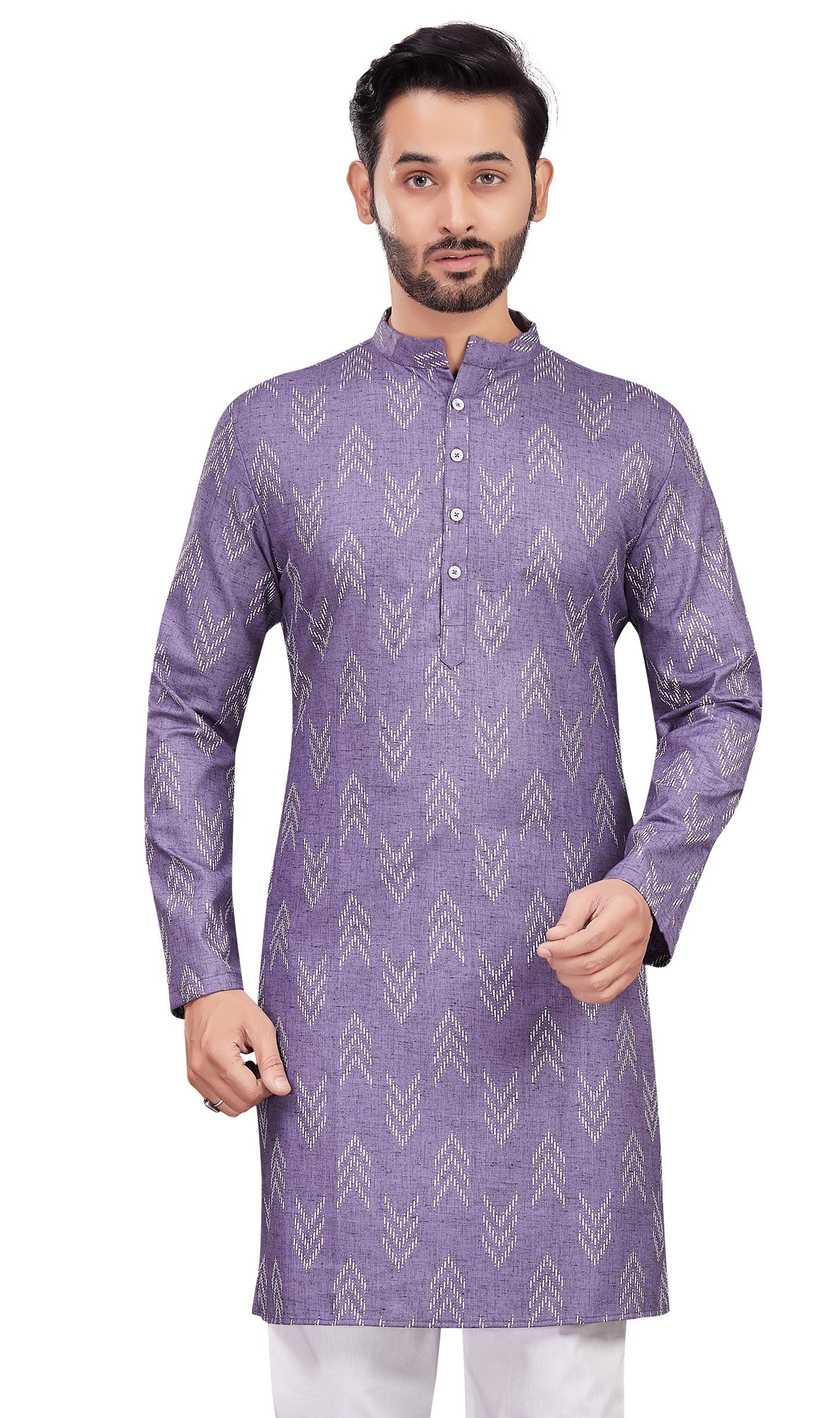 Men's Lavender Cotton Blend Relaxed Fit Ikat Printed Knee Length Kurta (Design 119)