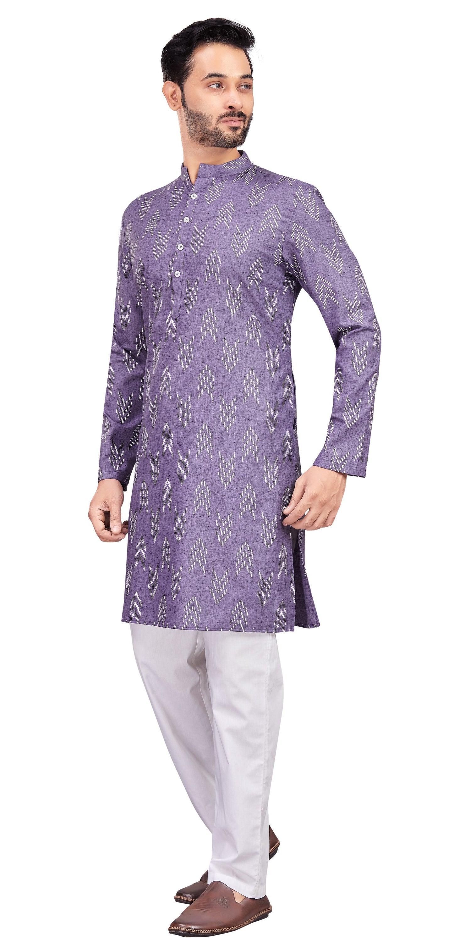 Men's Lavender Cotton Blend Relaxed Fit Ikat Printed Knee Length Kurta (Design 119)