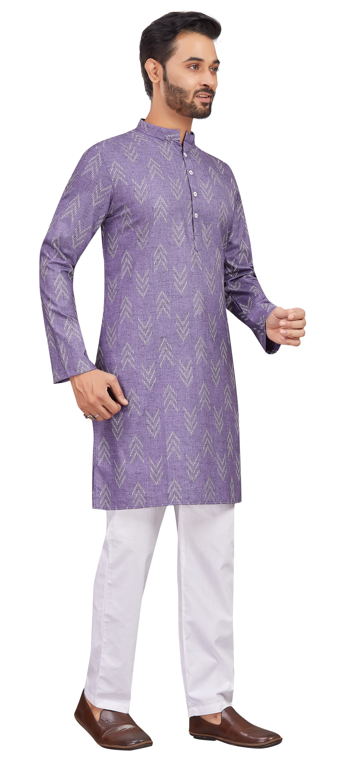Men's Lavender Cotton Blend Relaxed Fit Ikat Printed Knee Length Kurta (Design 119)