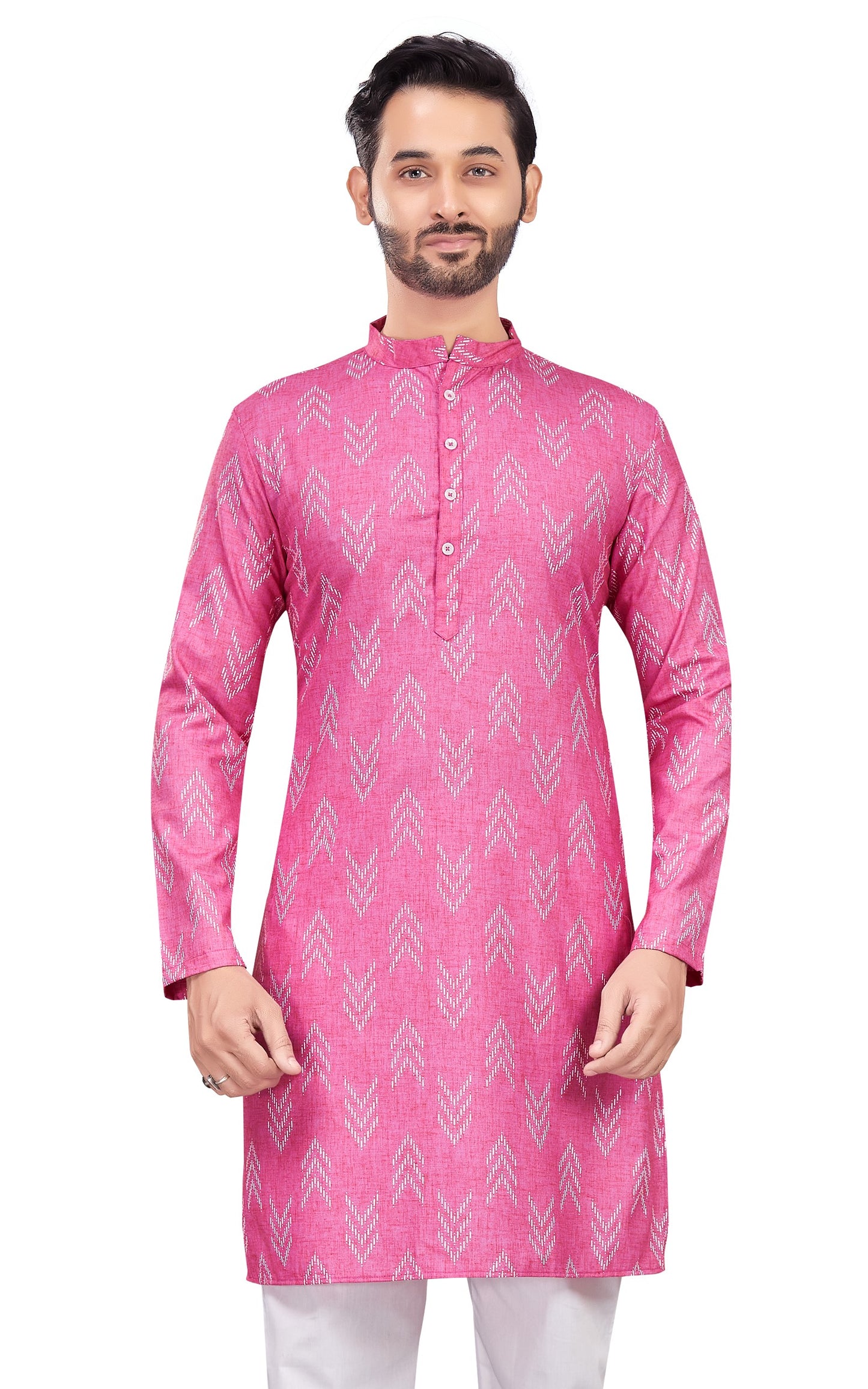 Men's Pink Cotton Blend Relaxed Fit Ikat Printed Knee Length Kurta (Design 119)