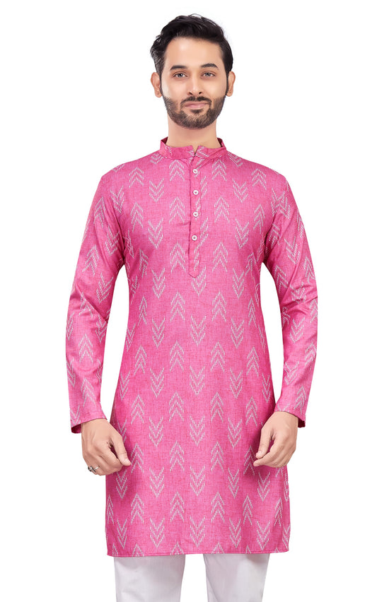 Men's Pink Cotton Blend Relaxed Fit Ikat Printed Knee Length Kurta (Design 119)
