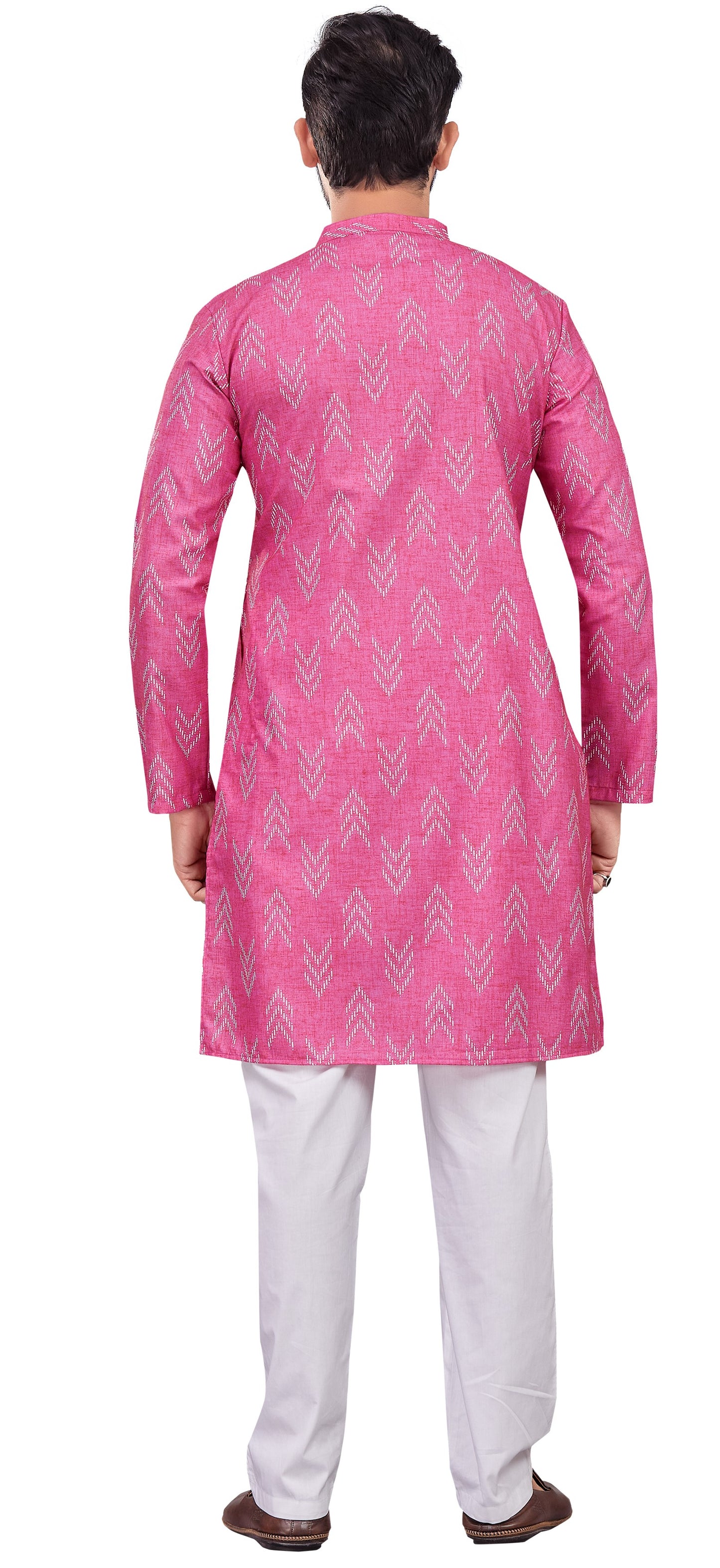 Men's Pink Cotton Blend Relaxed Fit Ikat Printed Knee Length Kurta (Design 119)