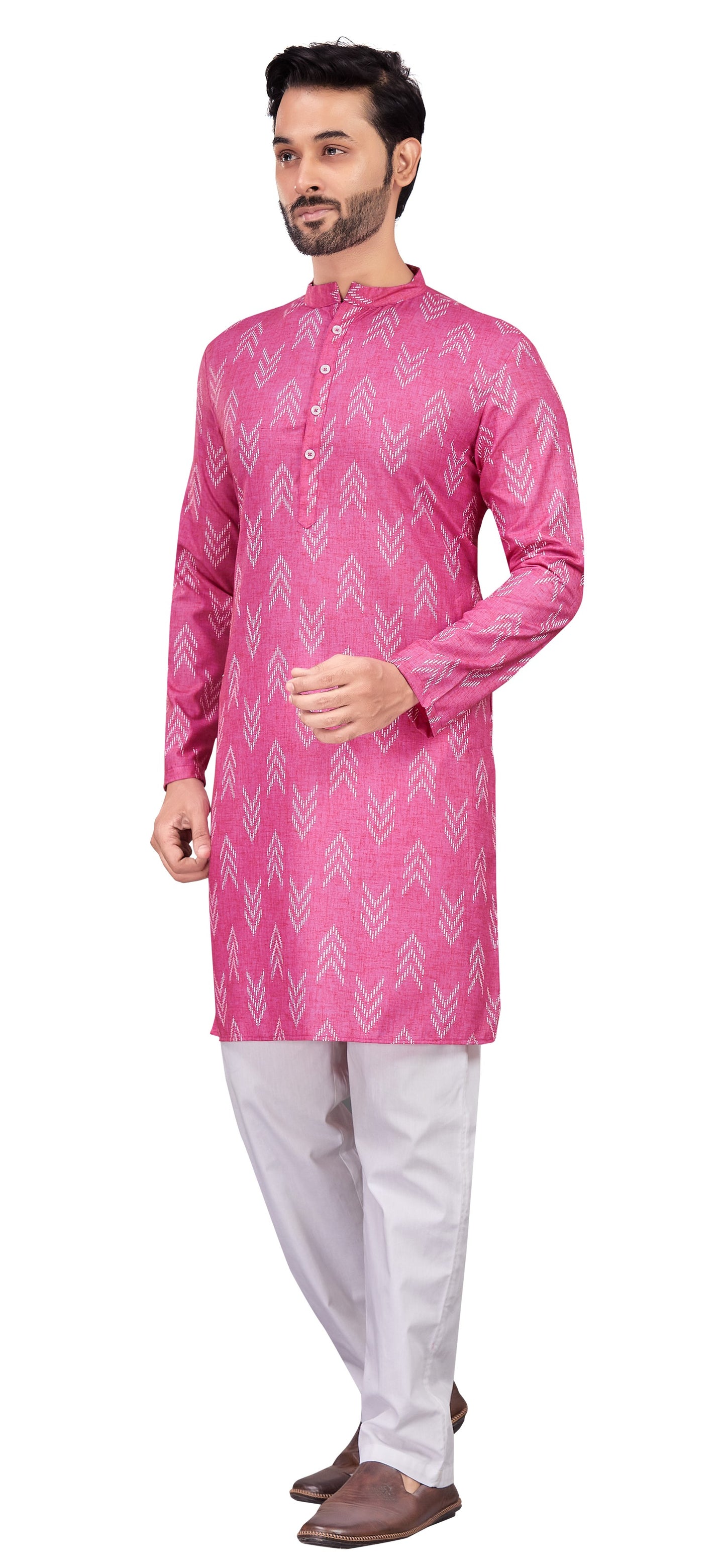 Men's Pink Cotton Blend Relaxed Fit Ikat Printed Knee Length Kurta (Design 119)