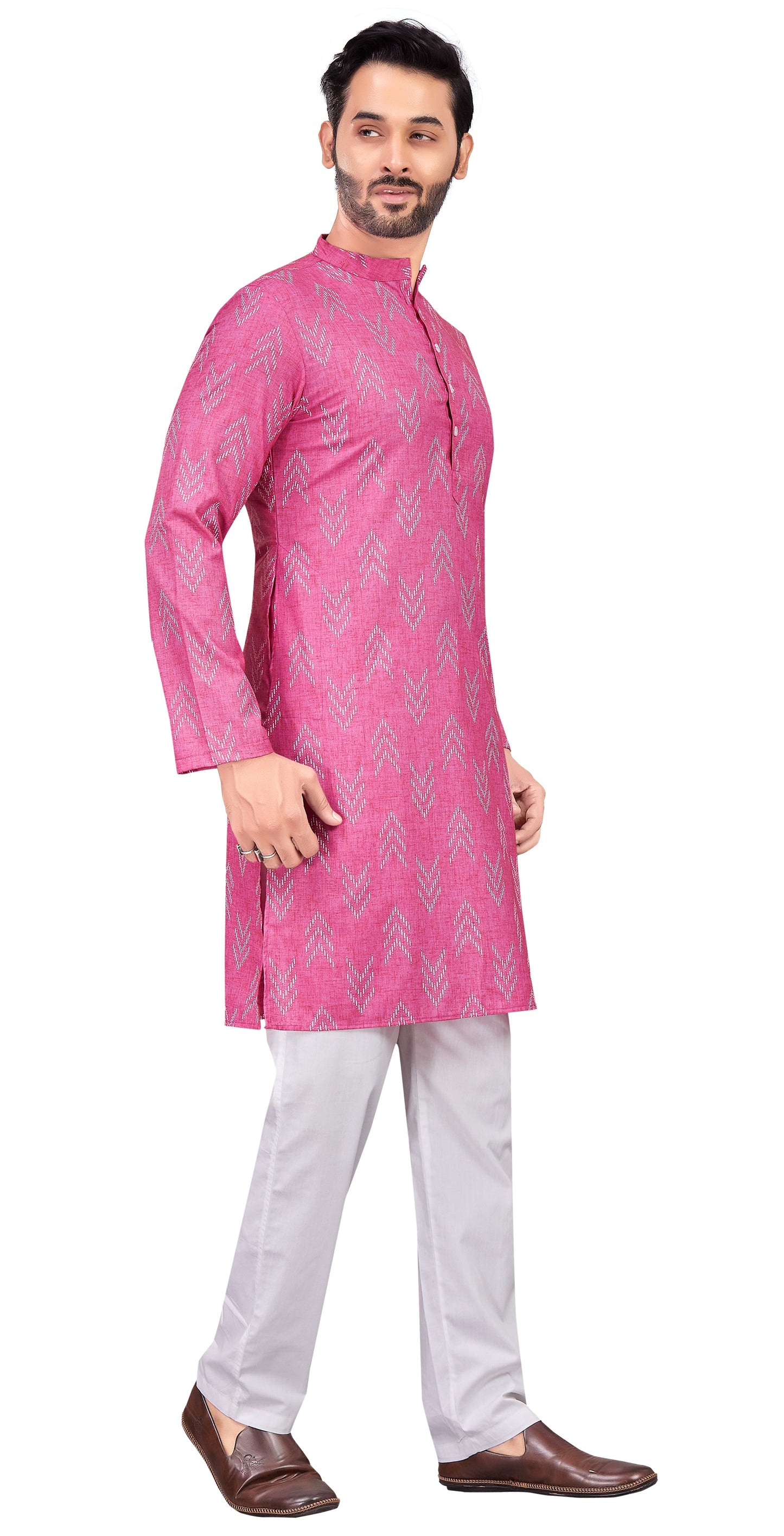 Men's Pink Cotton Blend Relaxed Fit Ikat Printed Knee Length Kurta (Design 119)