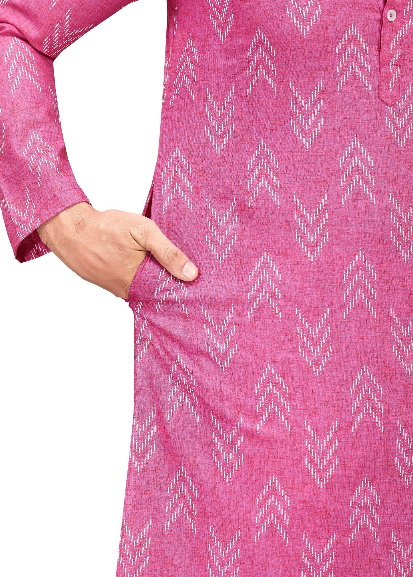 Men's Pink Cotton Blend Relaxed Fit Ikat Printed Knee Length Kurta (Design 119)