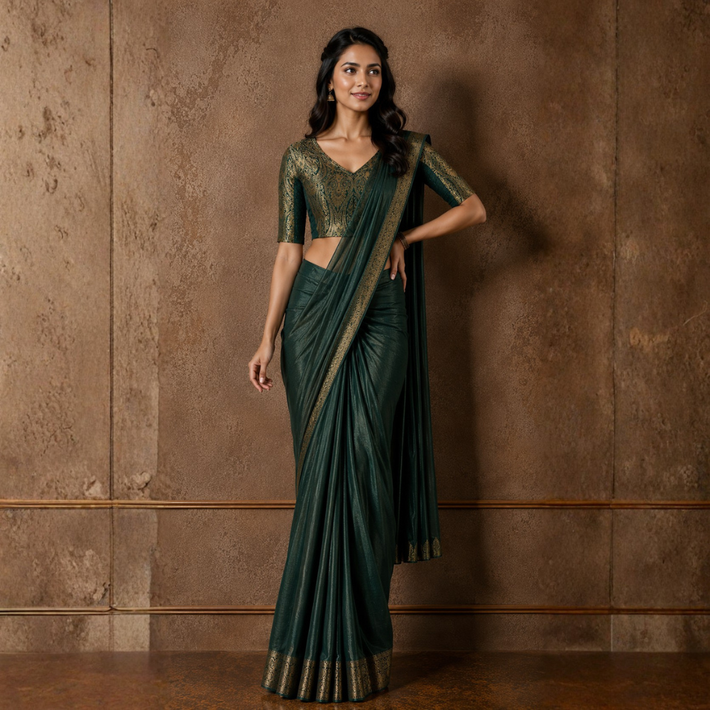 Studio Shringaar Women's Bottle Green Brocade Side Stretch ( Smocked ) Readymade Saree Blouse (Design 3026)