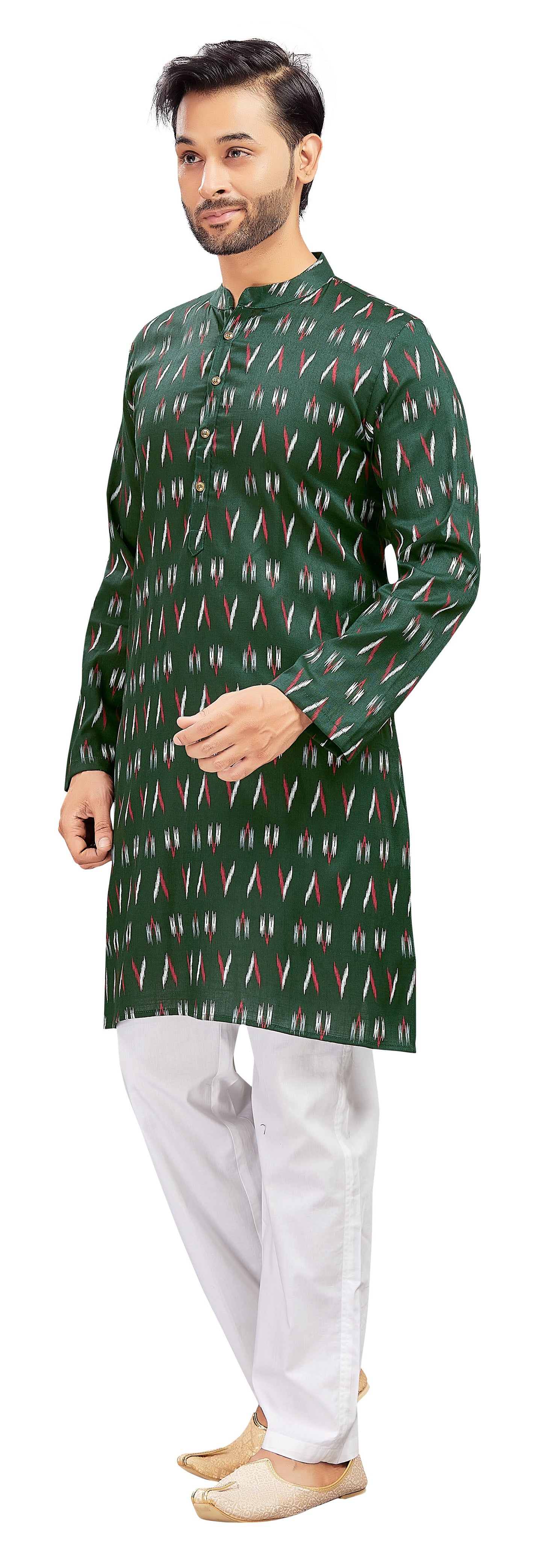 Men's Bottle Green Cotton Ikat Printed Knee Length Relax Fit Kurta (Design 188)