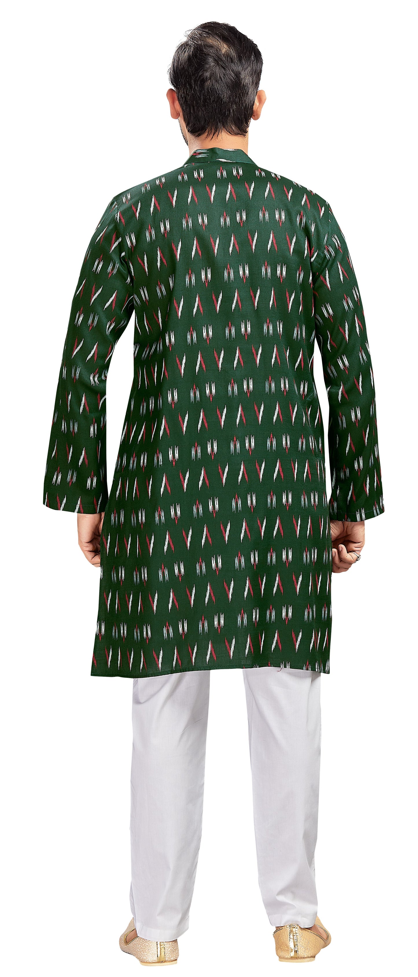 Men's Bottle Green Cotton Ikat Printed Knee Length Relax Fit Kurta (Design 188)