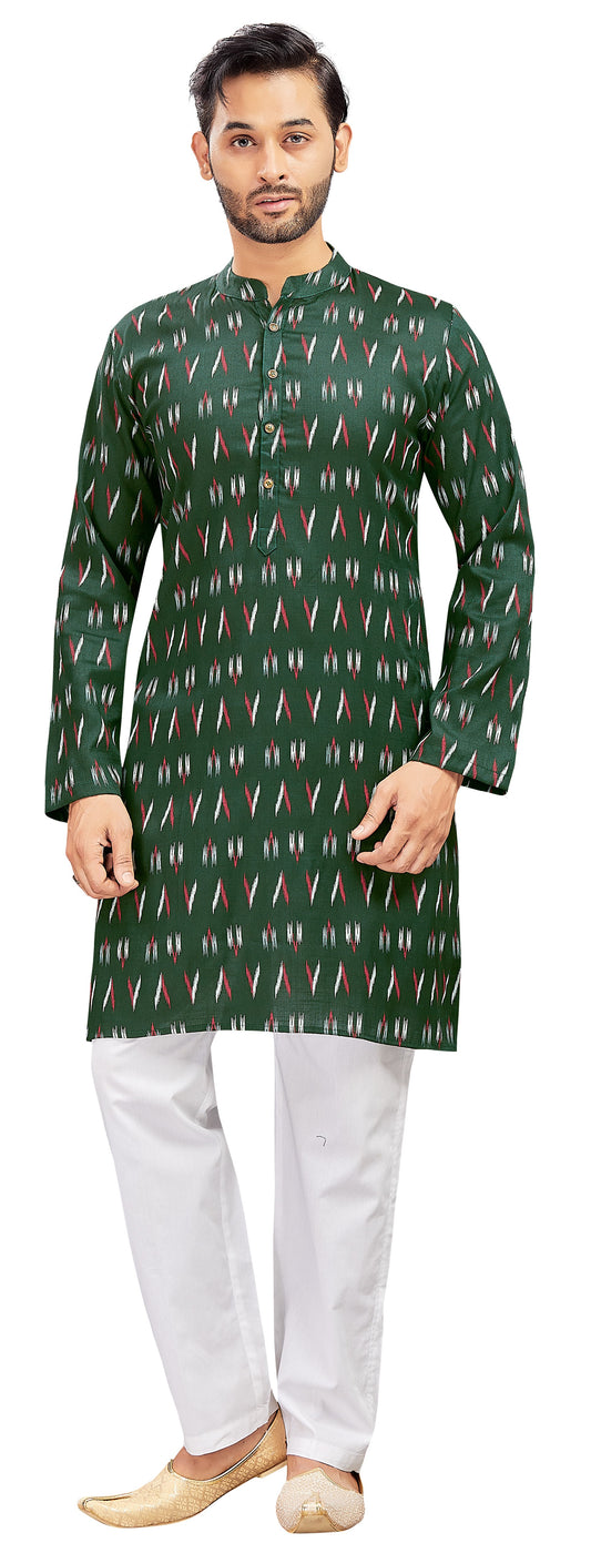 Men's Bottle Green Cotton Ikat Printed Knee Length Relax Fit Kurta (Design 188)