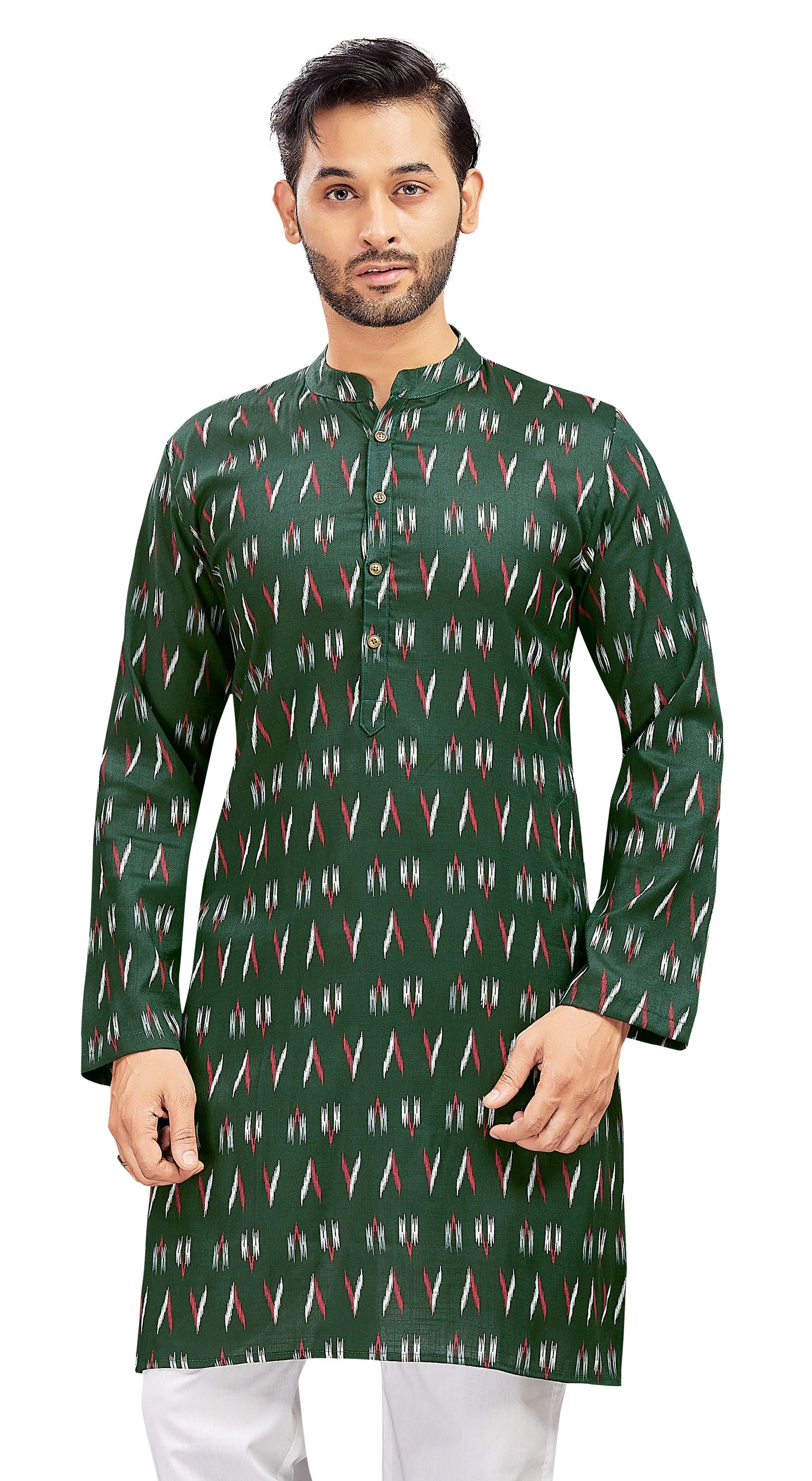 Men's Bottle Green Cotton Ikat Printed Knee Length Relax Fit Kurta (Design 188)
