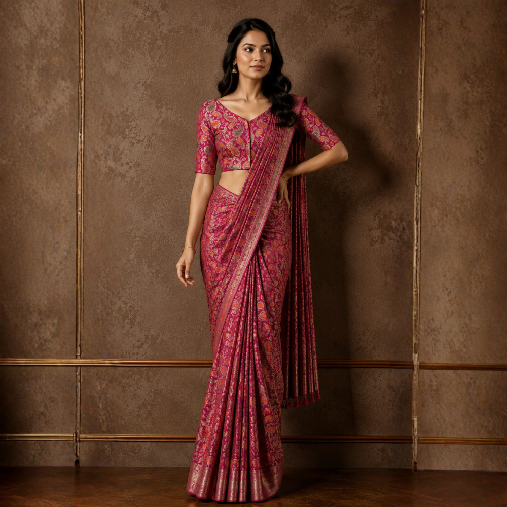 Studio Shringaar Women's Pink Paisley  Brocade Readymade Saree Blouse (Design 3028)