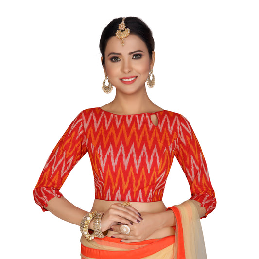 Women's Red Ikkat Pure Cotton Stitched Saree Blouse with Elbow Length Sleeves (2130 - Red)